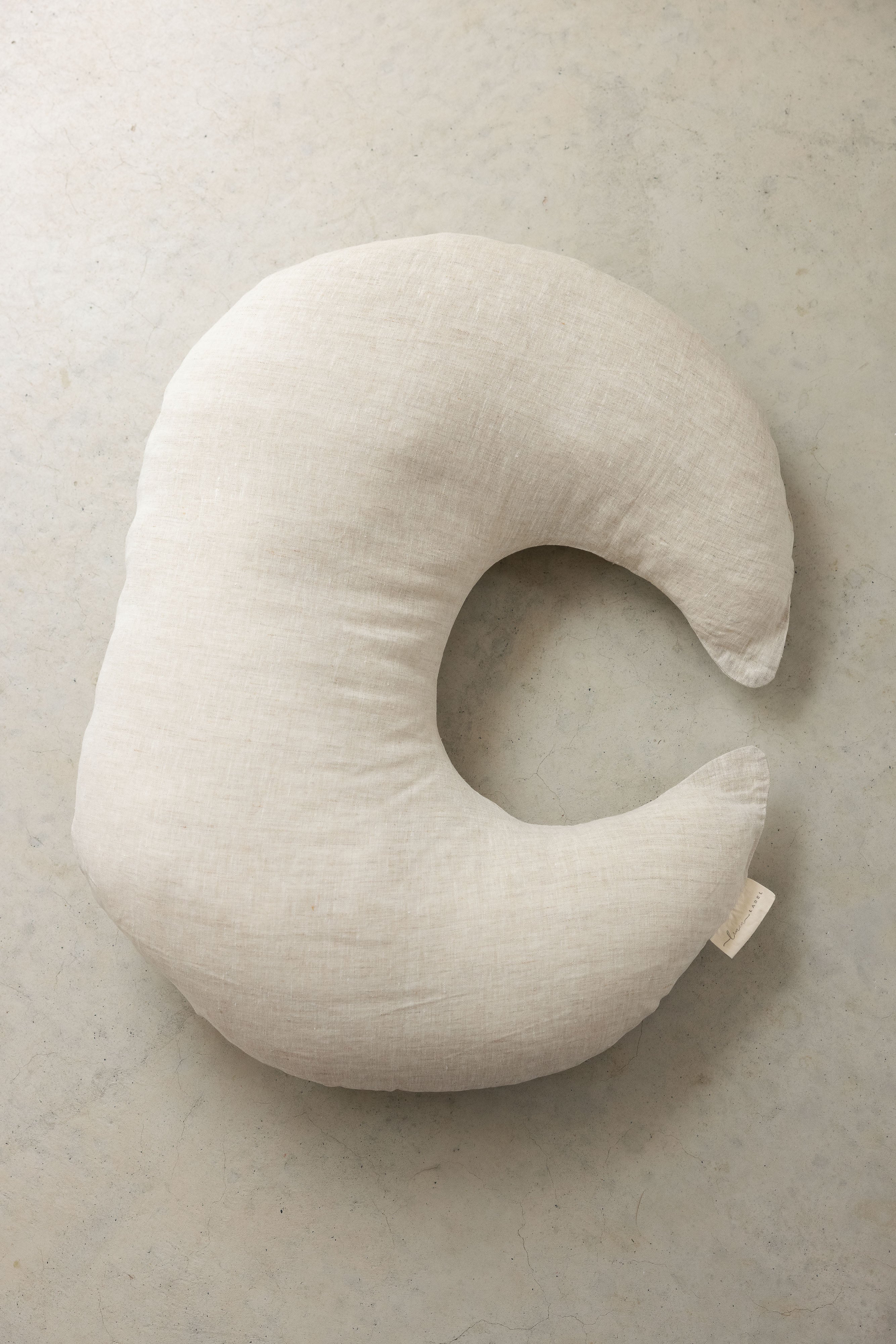 Photo showing the full size of Linen Label's new moon shape design in pure flax European Linen Natural Oat beige