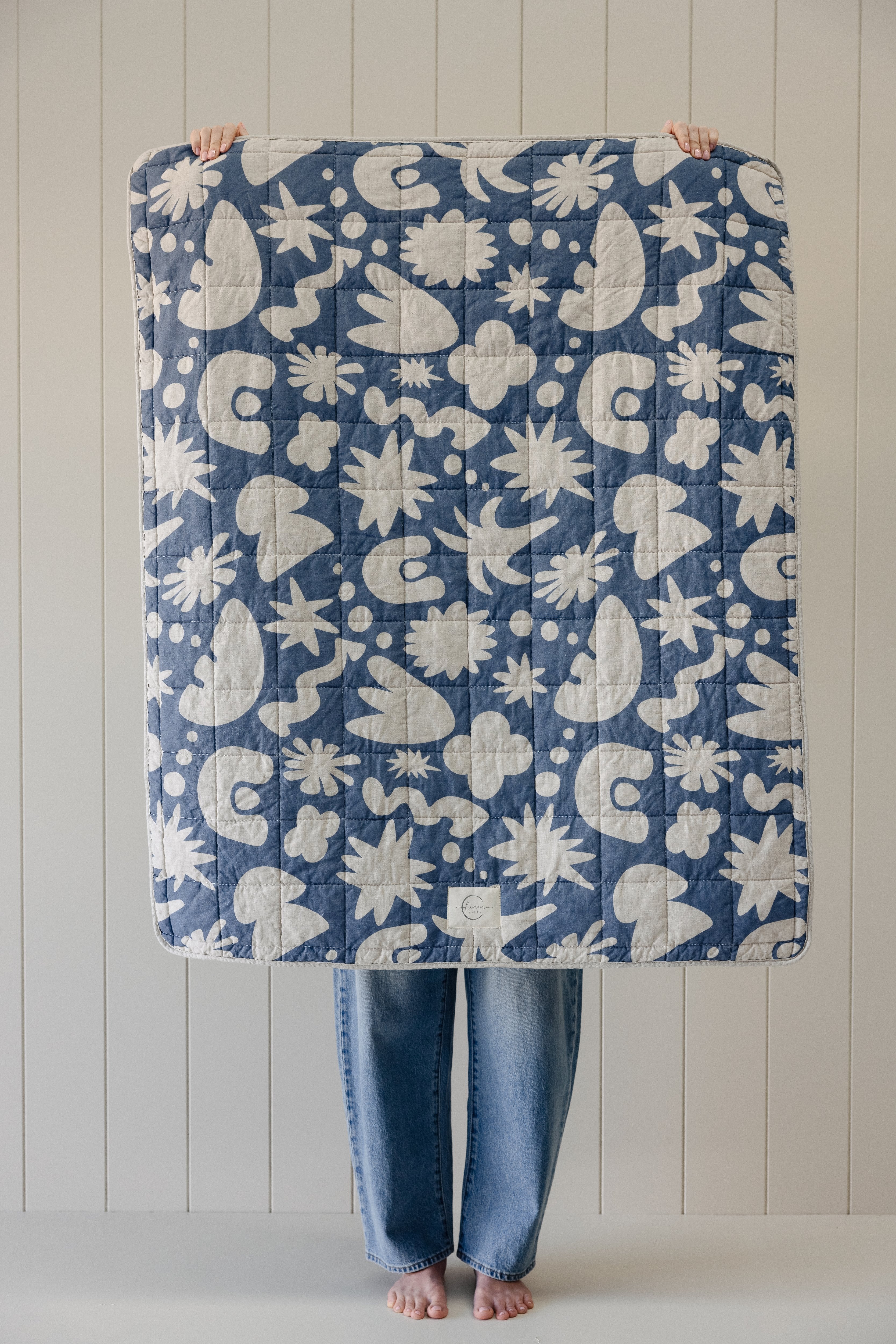 Rectangle Toddler Cot blanket & Play Mat- Print Denim Blue & Oat