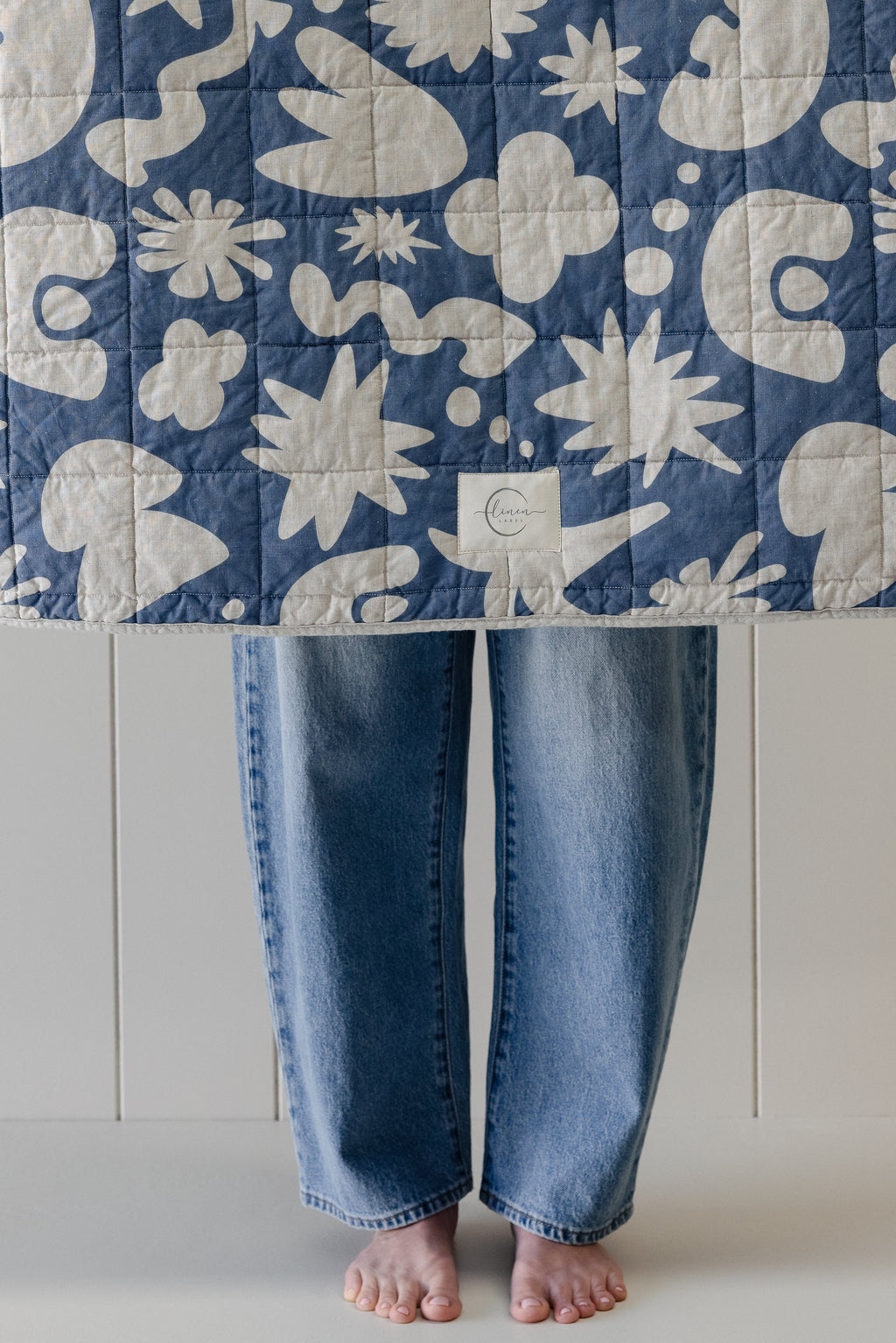 Rectangle Toddler Cot blanket & Play Mat- Print Denim Blue & Oat