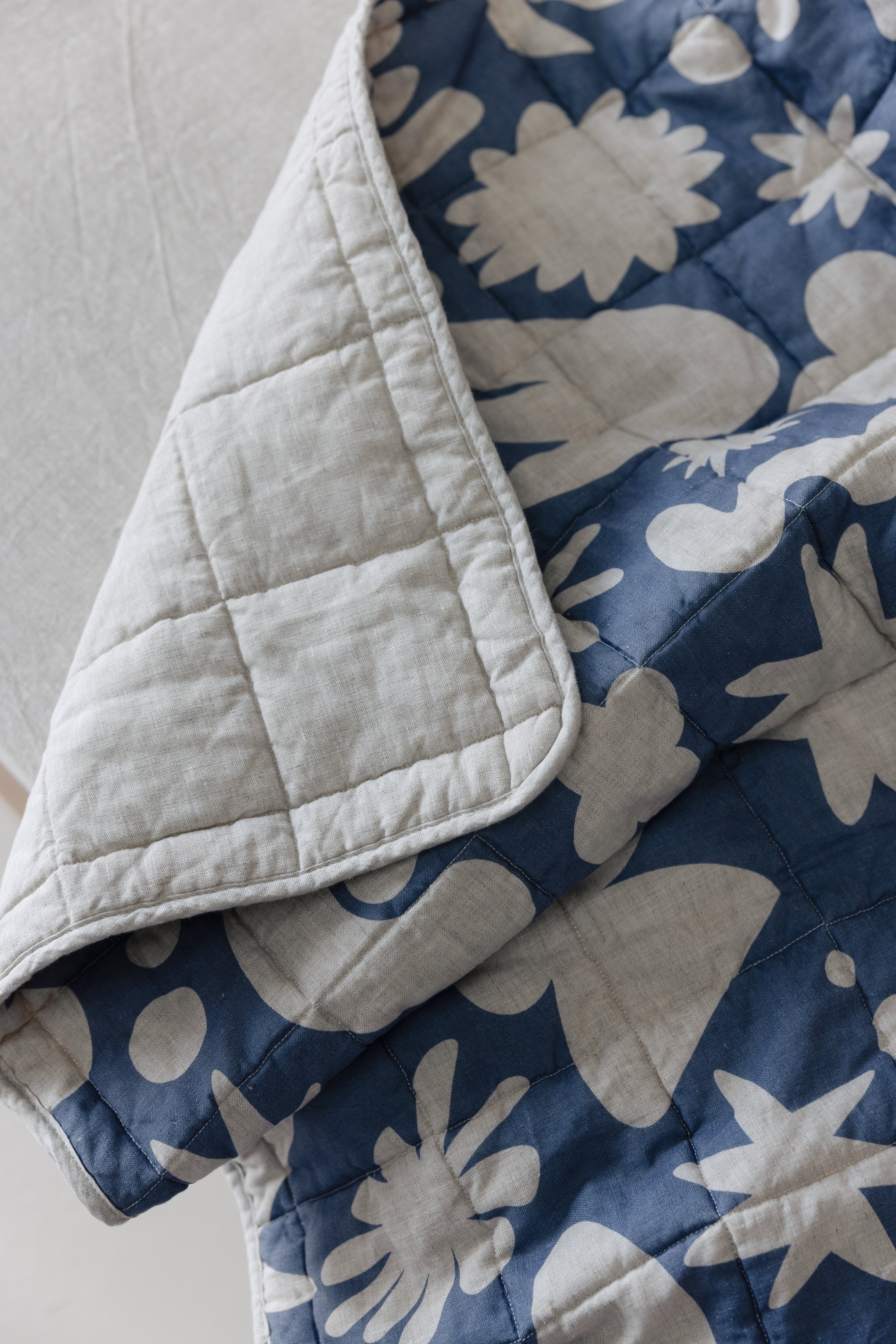 Rectangle Toddler Cot blanket & Play Mat- Print Denim Blue & Oat