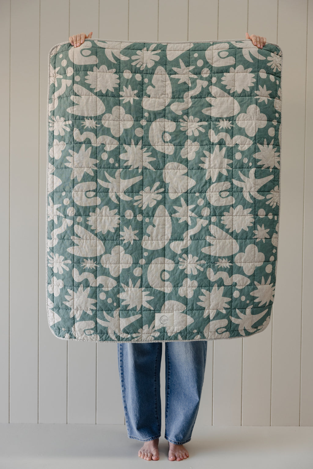 Rectangle Toddler Cot blanket & Play Mat- Print Opal Sage & Oat