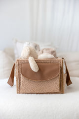 Linen Label Tan choc nappy caddies featuring the side pocket flap opening