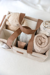 linen label caddy in dark dude colour. showing detail of all functioning pockets
