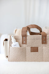 linen label caddy in dark dude colour. showing detail of all functioning pockets