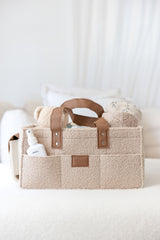 linen label caddy in dark dude colour. showing detail of all functioning pockets