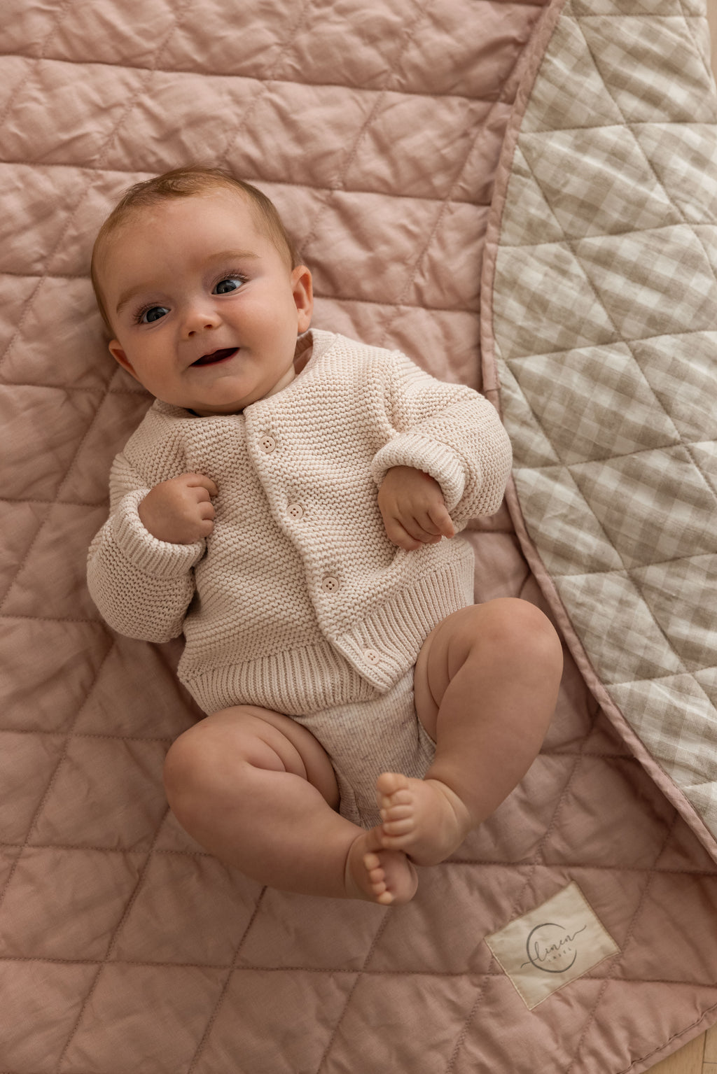 Dusty Rose Gingham Natural Play Mat Linen Label
