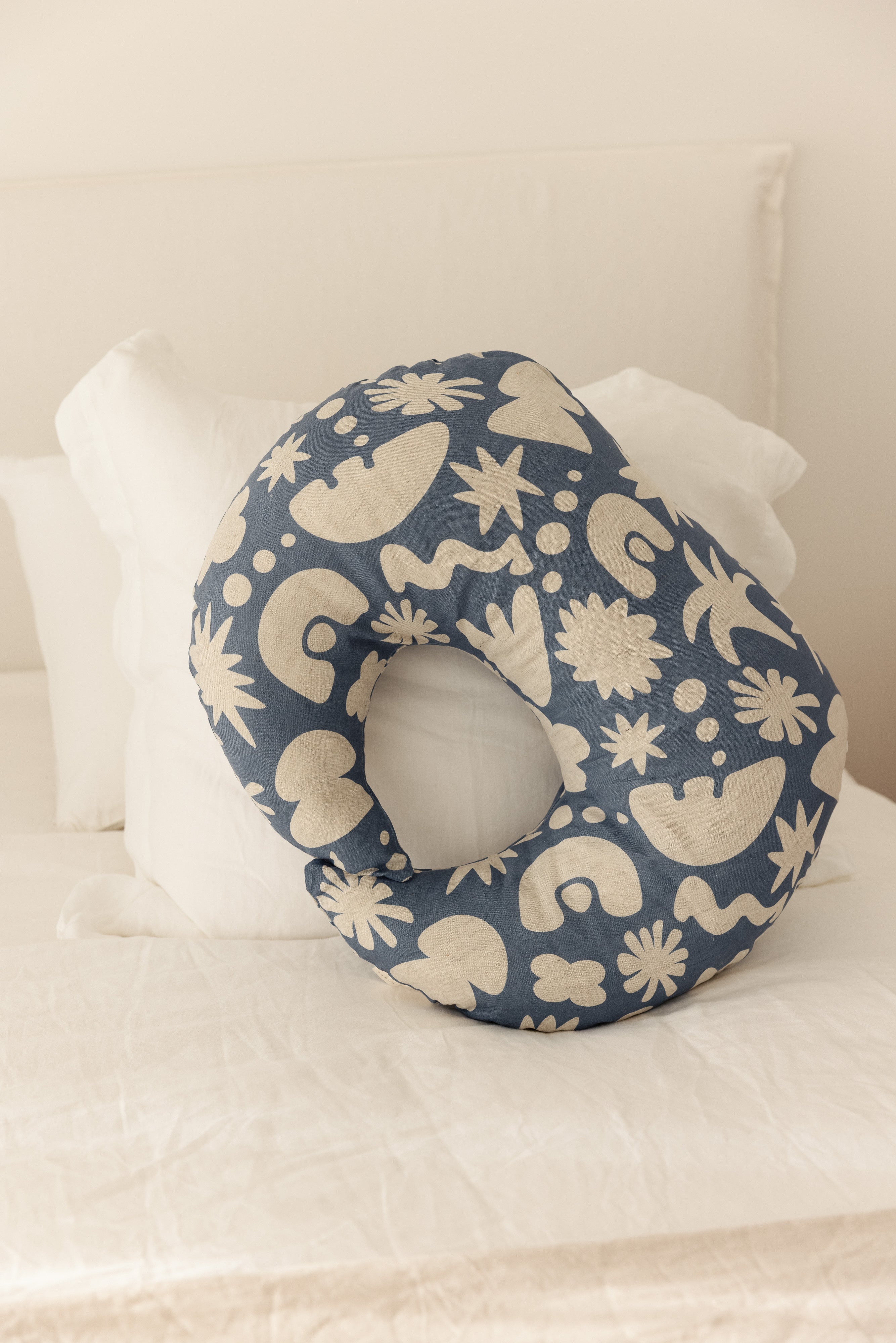 Moon Shape Nursing Pillow- Print Denim Blue