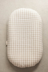 Linen Label baby lounger featuring the gingham natural beige pure linen flax cover