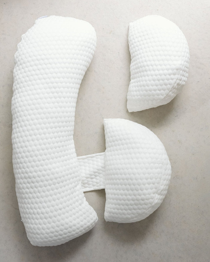 Linen Label pregnancy pillow in large, photo showing front with different positions and close up of the quilted textured fabric for a comfortable night sleep when pregnant