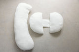 Linen Label pregnancy pillow in large, photo showing the back with different positions and attachments and close up of the quilted textured fabric