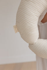 Linen Label Nursing pillow with mother holding the pillow showing stripe detail colour