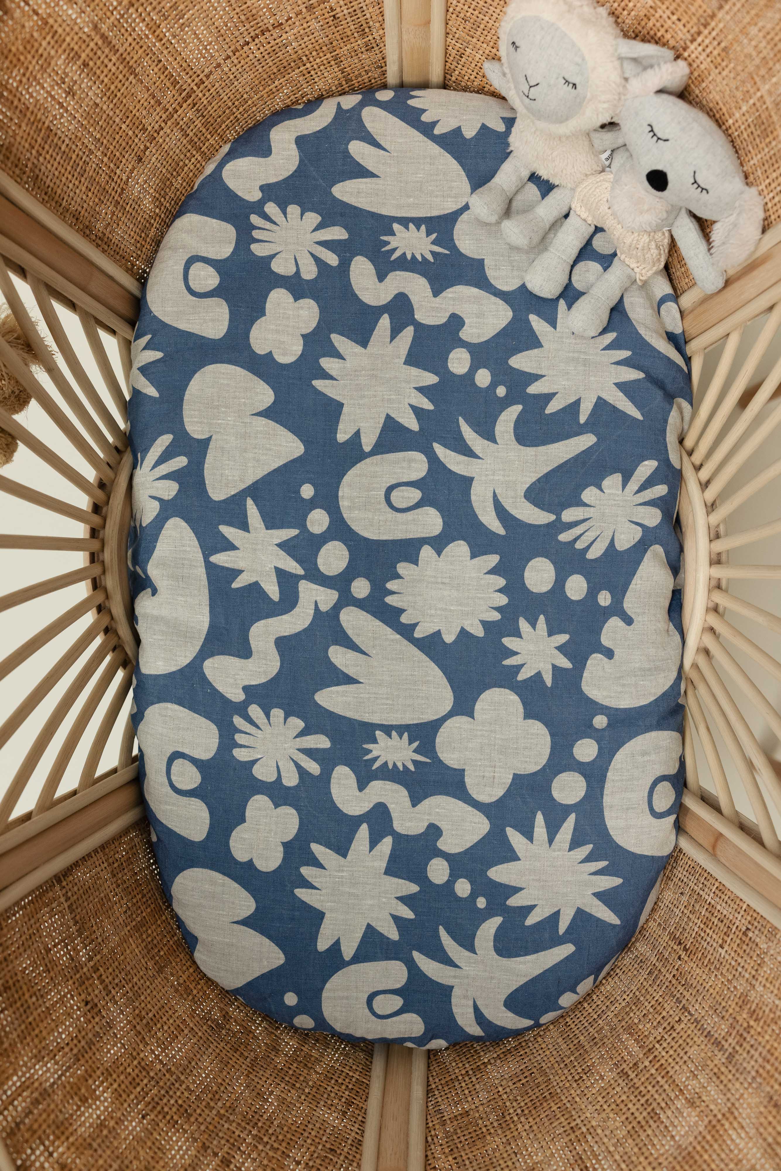 Linen Bassinet Sheet- Denim Blue Print