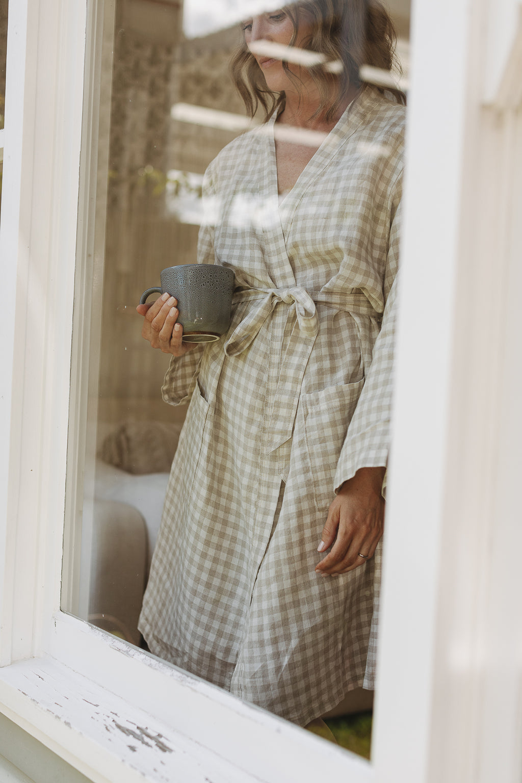 Gingham Robe Oat Gingham Linen Robe | Natural Comfort for Mothers & Babies – Linen Label